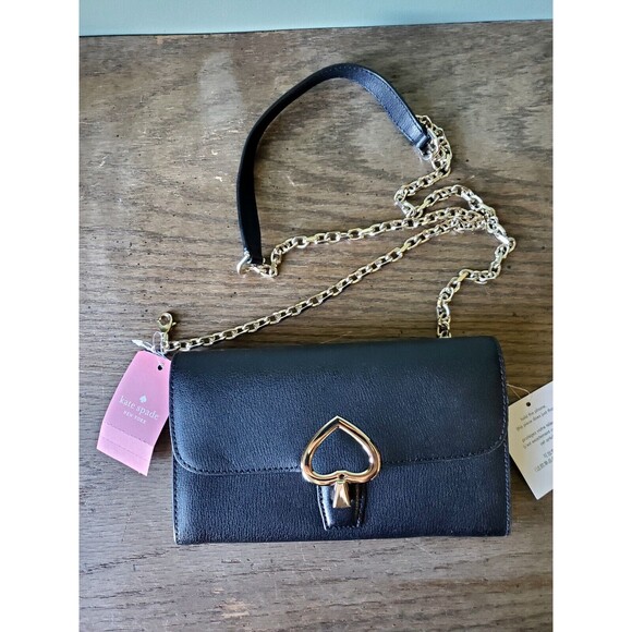 Kate Spade Grain Leather Robyn Small Flap Chain Wallet Crossbody Strap Black NWT - Picture 1 of 11